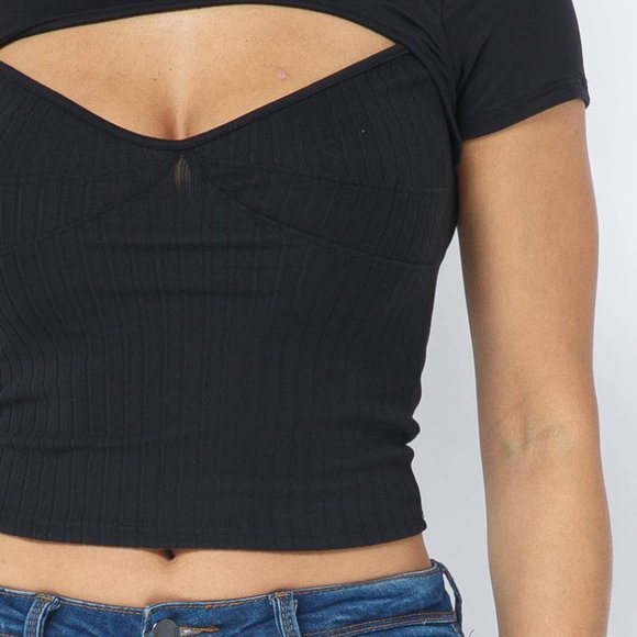 Love J Ribbed Pullover Shrug Cut Out Top--Black - Picture 6 of 6